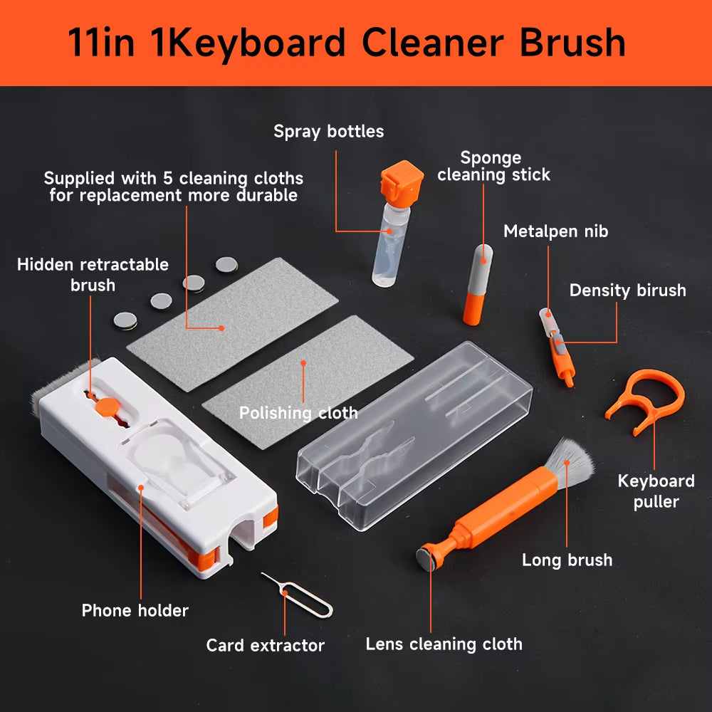 11-In-1 Computer Cleaning Kit Bluetooth Earphone Cleaner Pen Keyborad Camera Brush Sim Card Ejector Keycap Puller Phone Holder